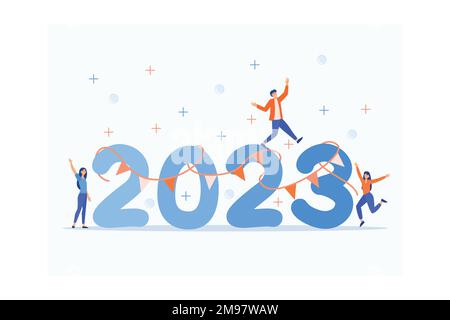 Leute feiern Silvester von 2022 bis 2023. Frohes neues Jahr 2023. Menschenaktivitäten, Dekoration, Tanzen, Spaß haben, flacher Vektor Mo Stock Vektor