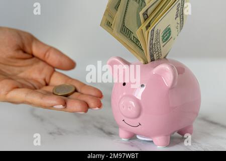 Nahaufnahme eines Sparschweines mit Dollars und einer Frau, die Euromünzen auf dem Bürotisch ausstreut. Wirtschaft, Krise und Inflation. Kostenmanagement Stockfoto