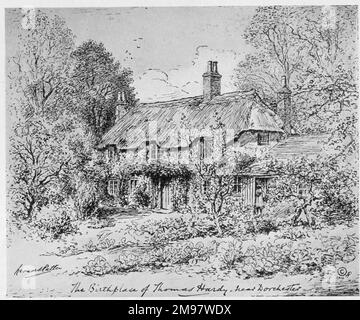 Geburtsort des Dichters und Schriftstellers Thomas Hardy, eine strohgedeckte Hütte in Higher Bockhampton, nahe Dorchester, Dorset. Stockfoto