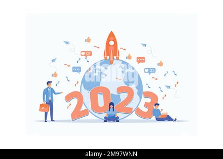 Frohes neues Jahr 2023. Neues Jahr neuer Entdeckungen und Errungenschaften, flache, moderne Illustration Stock Vektor