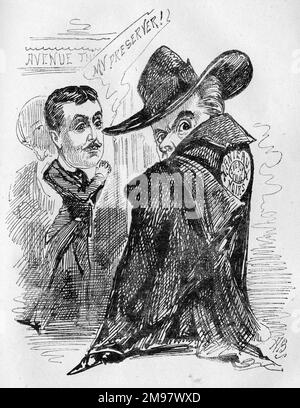 Cartoon von Harry Paulton (1842-1917), Schauspieler und Dramatiker. Hier vor dem Avenue Theatre, London, in Umhang und Hut -- Manteaux Noirs; oder eine Geschichte vom Ufer. Der Theatermanager (wahrscheinlich Edmund Burke) nennt ihn meinen Reservierer! Die Comic-Oper wurde von W Parke und Harry Paulton geschrieben, mit Musik von P Bucalossi; Paulton war auch Schauspieler. Stockfoto