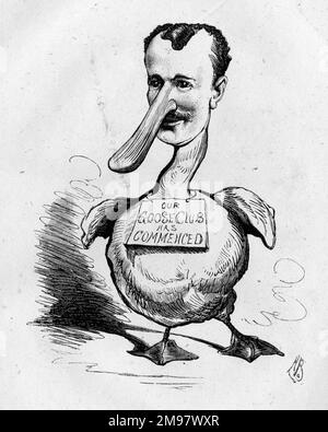 Die Karikatur von Augustus Harris (1852-1896), britischer Schauspieler, Dramatiker und Impresario, verwandelt sich in eine Gans – nicht "alte Muttergans", sondern Meister Augoosetus. Gänseclubs waren im viktorianischen Großbritannien beliebt und ermöglichten es sogar den Ärmsten, ein paar Penny pro Woche zu sparen, um sich eine Gans für ihr Weihnachtsessen kaufen zu können. Harris war Manager des Drury Lane Theatre, London, von 1879, wo er mitschrieb und viele Pantomimes produzierte. Stockfoto