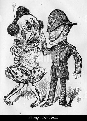 Cartoon von Harry Payne (1833-1895) Clown und Pantomime-Entertainer und Augustus Harris (1852-1896), britischer Schauspieler, Dramatiker und Impresario, hier als Polizist verkleidet gesehen. Beide waren an den Pantomimen des Drury Lane Theatre beteiligt. Stockfoto