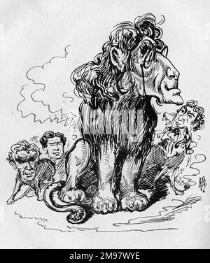 Cartoon, Henry Irving (1838-1905), englischer Schauspieler - der Löwe aus Lyceum. Mit einem Zitat aus Tennysons Stück The Cup, das zu dieser Zeit in Produktion war: "Ein Haufen Hunde nagelten an seinen Knöcheln; endlich spürte er die Schwierigkeiten seiner Füße -- legte eine Pfote, schlug vier und wusste es nicht." Stockfoto
