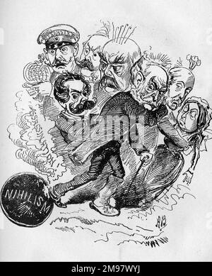 Cartoon, Staatsoberhäupter drohen mit Nihilismus und einem möglichen Mord. Knisternde Zeiten für Kronköpfe -- wer wird der Nächste sein? Stockfoto