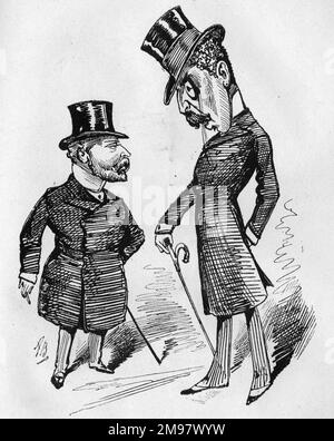 Cartoon von Edward, Prince of Wales (später Edward VII) und Sir Squire Bancroft (1841-1926), englischer Schauspieler-Manager. Bancroft spricht herablassend mit dem Prinzen und sagt, er könne ihn zu gegebener Zeit einigen Leuten vorstellen. Stockfoto