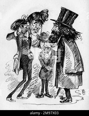 Cartoon, Henry Irving (1838-1905) und Alfred Tennyson (1809-1892). Der Kelch wird am Montag produziert. Hoffen wir, dass etwas darin steckt." Das Stück, geschrieben von Tennyson nach einer Geschichte aus Plutarch, lief 130 Nächte lang im Lyceum Theatre, London. Stockfoto