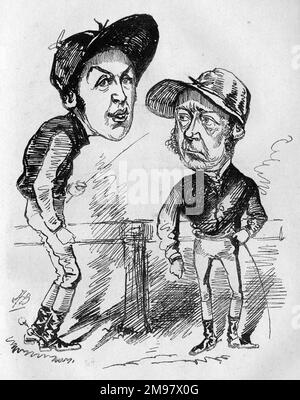 Cartoon, Frederick James (Fred) Archer (1857-1886), und George Fordham (1837-1887), britische Rennstrecken-Jockeys - Goodwood. Stockfoto