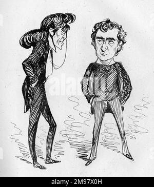 Cartoon, Rival Hamlets. Henry Irving (1838-1905) und Edwin Booth (1833-1893), ein englischer Hamlet und ein amerikanischer Hamlet, die sich zimperlich anschauen. Stockfoto