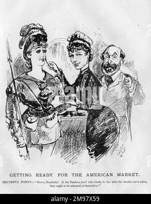 Cartoon, Vorbereitung für den amerikanischen Markt. Die englische Schauspielerin und Theatermanagerin Henrietta Hodson (1841-1910) hilft Lillie Langtry (1853-1929) dabei, sich auf eine Theatertour durch Amerika vorzubereiten, ermutigt von Henriettas Liebhaber Henry Labouchere (1831-1912), liberaler Abgeordneter. Stockfoto