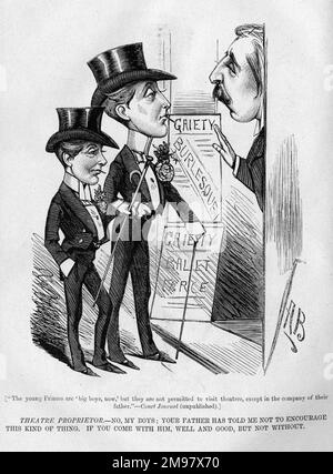 Cartoon, zwei Prinzen (Prinz Albert Victor und Prinz George) und John Hollingshead, Manager, am Eingang zum Gaiety Theatre, London. Sie dürfen in Begleitung ihres Vaters (Edward, Prinz von Wales) einreisen, aber nicht anderweitig. Stockfoto