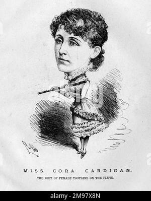 Cartoon von Cora Cardigan (Hannah Rosetta Dinah Moulton, 1860-1931), Virtuoso-Flötistin, der hauptsächlich in Theatern und Musikhallen arbeitete. Sie spielte auch Geige. Stockfoto