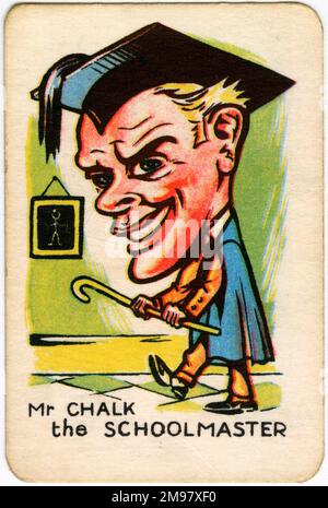Glückliche Familien spielen Karten - Mr. Chalk, der Schulmeister. Stockfoto