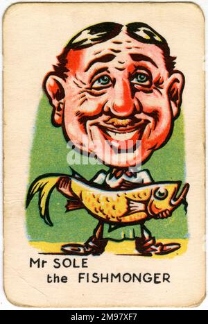 Glückliche Familien spielen Karten - Mr. Sole, der Fischhändler. Stockfoto