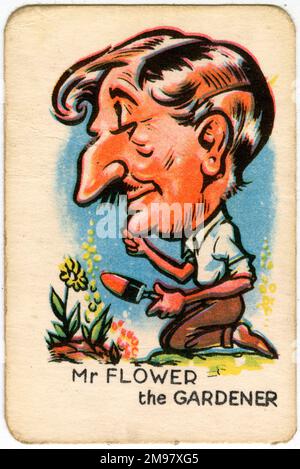 Glückliche Familien spielen Karten - Mr. Flower, der Gärtner. Stockfoto