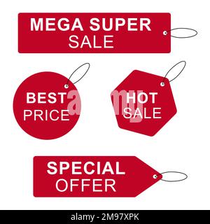 Die Rabattetiketten und Tags „Bestpreis“, „Sonderangebot“ und „Mega Super Sale“ Badges Kollektion Set Stock Vektor