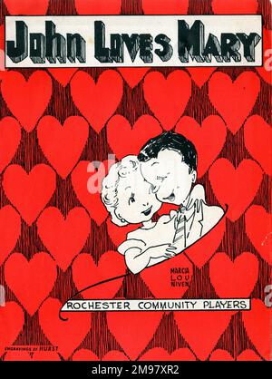 Theaterposter, John Loves Mary, Rochester Community Players. Das Stück von Norman Krasna wurde im Februar 1948 am Broadway in New York eröffnet. Die Filmversion erschien im folgenden Jahr. Die Rochester Community Players in Monroe County, New York State, führten das Stück zweimal auf, im Januar 1949 und im Februar 1953. Stockfoto