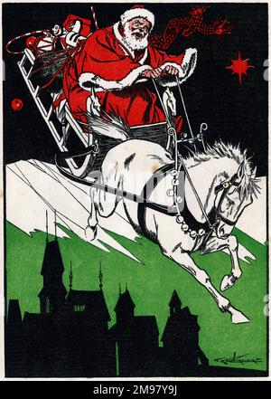 Der Weihnachtsmann und sein Schlitten wurden von einem weißen Pferd gezogen. Stockfoto