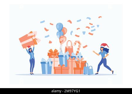 Glückliche Frauen halten Geschenke und Spielzeug, Vorbereitung für den Winterurlaub. Weihnachtsabend. Boxtag. Große Stapel von weihnachtsgeschenken. Neujahr, Horizont Stock Vektor