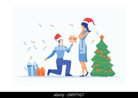 Ein Mann schenkt einer Frau ein Weihnachtsgeschenk, eine flache, moderne Illustration Stock Vektor