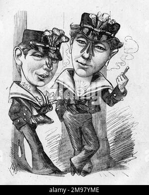 Cartoon von Prinz Albert Victor (rechts) und Prinz George (links), Söhne von Edward, Prinz von Wales, in Matrosenanzügen. Das haben die Gesellschaftszeitungen für die beiden jungen Prinzen getan. Stockfoto