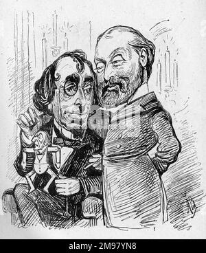 Cartoon, Disraeli und der Prinz von Wales, mit einer Puppe aus Gladstone. So versuchte Beaky, unseren zukünftigen König in Hughenden zu unterhalten. Stockfoto