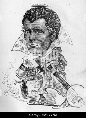 Karikatur von Hermann Vezin (1829-1910), in den USA geborener Schauspieler von Shakespeare, der im Vereinigten Königreich tätig ist. Zur Zeit dieses Cartoons war er in London und spielte die Rolle von Iago in Othello. Hier sieht man Schwärmereien im Gesicht als Minstrel mit einem Banjo. Stockfoto