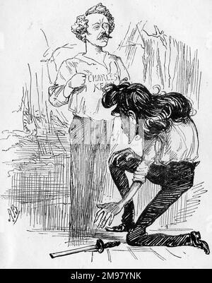 Cartoon, Die Korsischen Brüder. Henry Irving (1838-1905) kniet vor dem Geist von Charles Kean (1811-1868), in dessen Fußstapfen er trat, indem er in dem Stück auftrat, das auf einer Novelle von Alexandre Dumas pere basiert. Stockfoto