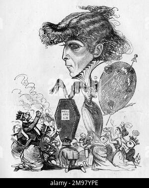 Karikatur von Sarah Bernhardt (1844-1923), legendäre französische Schauspielerin, beschrieben als: Schauspieler, Schriftsteller, Maler, Bildhauer, universelles Genie, Schöpfer und Großhändler. Hinweis: Abendpartys waren anwesend. Stockfoto