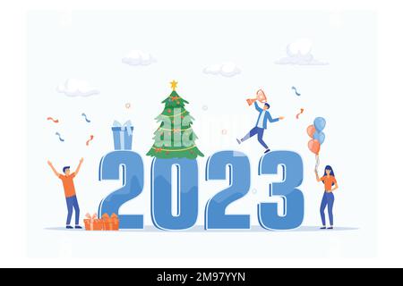 2023-Bannervorlage. Geschäftsleute feiern das Neujahrskonzept. Isoliert auf weißer, flacher Vektordarstellung Stock Vektor