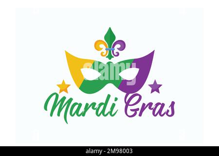 Mardi Gras lila und grüner Text mit Maskenmaske und Fleurs-de-LIS. American New Orleans Fat Tuesday Poster, Grußkarte. Sidney Mardi Gras Par Stock Vektor