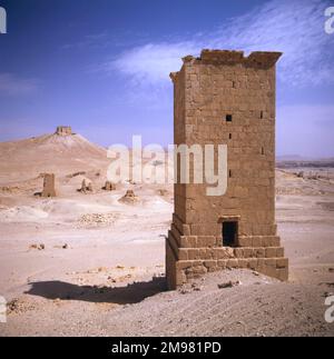 Palmyra, Syrien - Schloss Fakhr-al-DIN al-Maani auf dem Hügel (hinten) und das Tal der Gräber, wo die Palmyrenen eine Reihe großer Grabstätten (Nekropolis) errichteten. Stockfoto