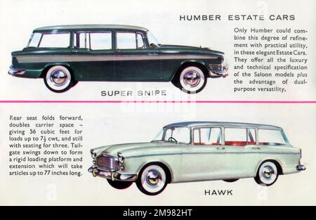 Zwei Humber Estate Autos, die in einer Broschüre von Humber, Hillman und Sunbeam Rootes Motors Limited beworben werden - der „Hawk“ und der „Super Snipe“. Stockfoto