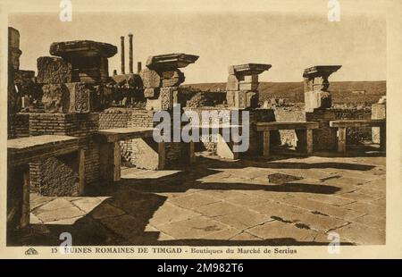 Geschäfte des Sertius-Marktes in den römischen Ruinen von Timgad, Batna Provinz, Algerien. Stockfoto