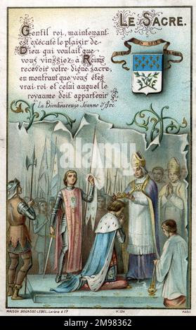 Chromolithograph devotional Card - Jeanne d'Arc - 'Le Sacré' - Karl gekrönte König Karl VII. Von Frankreich in der Kathedrale von Reims am 17. Juli 1429. Stockfoto