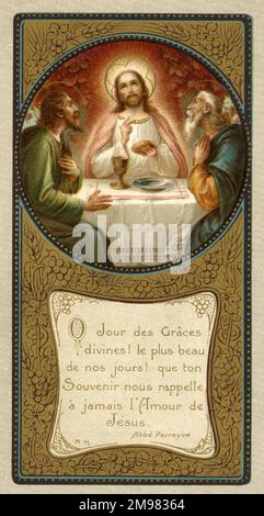 Chromolithograph Envotional Card - First Communion - Jesus gibt den Eucharisten an seine Zwiebeln beim letzten Abendmahl (Heilige Kommunion oder das Abendmahl des Herrn) in Jerusalem, vor seiner Kreuzigung. Stockfoto