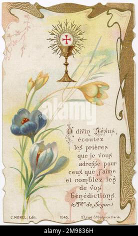 Chromolithograph Devotional Card - Blumen. Souveir 1. Kommunion Karte für Clovis Marquis in der Gemeinde St. Eloi (Eligius, auch Eloy oder Loye), Dünkirchen, Frankreich am 17. Mai 1906. Stockfoto