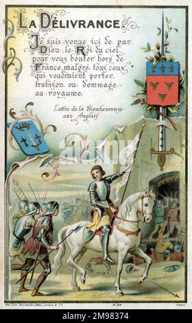 Chromolithograph devotional Card, auf der Jeanne d'Arc am 29. 1429. April nach Orleans kommt. Stockfoto