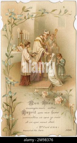 Chromolithograph devotional Card - die erste Kommunion von Ernest Neuts am 13. Mai 1909 in der Kirche St. Eloi (Eligius, auch Eloy oder Loye), Dünkirchen, Frankreich. Stockfoto