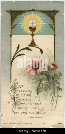 Chromolithograph devotional Card - erste Kommunion für Denise Jovenet in der Kirche St. Eloi, Dünkirchen, Frankreich - 18. Mai 1911 Stockfoto