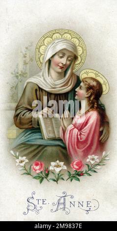 Chromolithograph devotional Card, die Saint Anne (1. Jahrhundert v. Chr.) - die Mutter der Jungfrau Maria darstellt. Souvenirkarte für die Erstkommunion 1911. Stockfoto