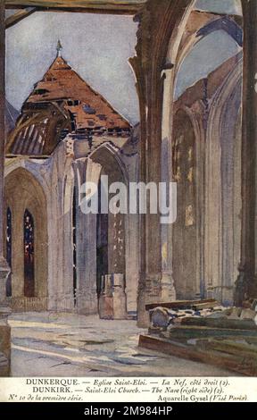 Die rechte Seite des Kirchenschiffes Saint Eloi befindet sich in der nordfranzösischen Stadt Dünkirchen (Dünkirchen) und zeigt Schäden durch die Bombardierung von WW1. Stockfoto