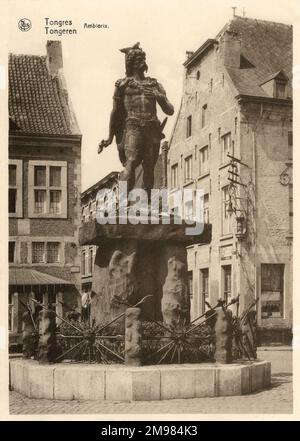 Statue von Ambiorix in Tongeren, Belgien. Er war Anführer der Eburones, eines belgischen Stammes im Nordosten Galliens, dem Standort des modernen Belgiens. Ambiorix wurde aufgrund seines Aufstands gegen die Truppen des römischen Kaisers Julius Cäsar zum Nationalhelden in der Region. Stockfoto