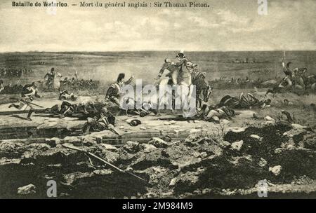 Der Tod des Generalleutnants der britischen Armee Sir Thomas Picton am 18. Juni 1815 in der Schlacht von Waterloo. Picton kämpfte unter Wellington im Iberischen Halbinselkrieg, wurde aber bei den Kämpfen in Waterloo während eines Bajonettladens getötet, als er mit einer Muskete durch den Tempel geschossen wurde. Stockfoto