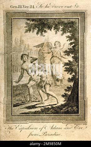 Die Vertreibung von Adam und Eva aus dem Paradies - Thomas Bankes Bibel, Genesis 3,24. Stockfoto