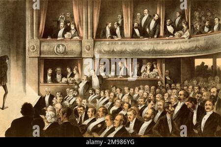 Abbildung, im Play. Auf der Bühne des Lyceum Theatre, London, ist Henry Irving, wahrscheinlich in der Rolle von Hamlet. Zu den Zuschauern gehören der Prinz und die Prinzessin von Wales, Benjamin Disraeli, William Gladstone, der Marquis von Salisbury, Kardinal Manning, Frederick Leighton, Val Prinsep, Lillie Langtry, John Everett Millais, Lord Rosebery, W S Gilbert und Arthur Sullivan. (Siehe Schlüssel, 11075117) Stockfoto