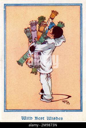 Weihnachtskarte - mit den besten Wünschen - Pierrot trägt Weihnachtskekse. Stockfoto