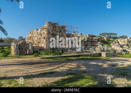 Xagħra, Gozo - Januar 16. 2023: Gerüstbau, der einen Teil des megalithischen Tempelkomplexes Ġgantija aus der Jungsteinzeit (ca. 3600–2500 v. Chr.) trägt. Stockfoto