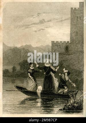 Entfliehen Sie Mary Queen of Scots aus Loch Leven Castle, mit Hilfe der Familie ihrer Pförtnerin, am 2. Mai 1568. Stockfoto