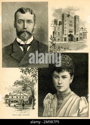 Prinz George Frederick Ernest Albert, Herzog von York, Heirat mit Prinzessin May (Mary) von Teck, mit Bildern von St. James's Palace und White Lodge, Richmond. Stockfoto